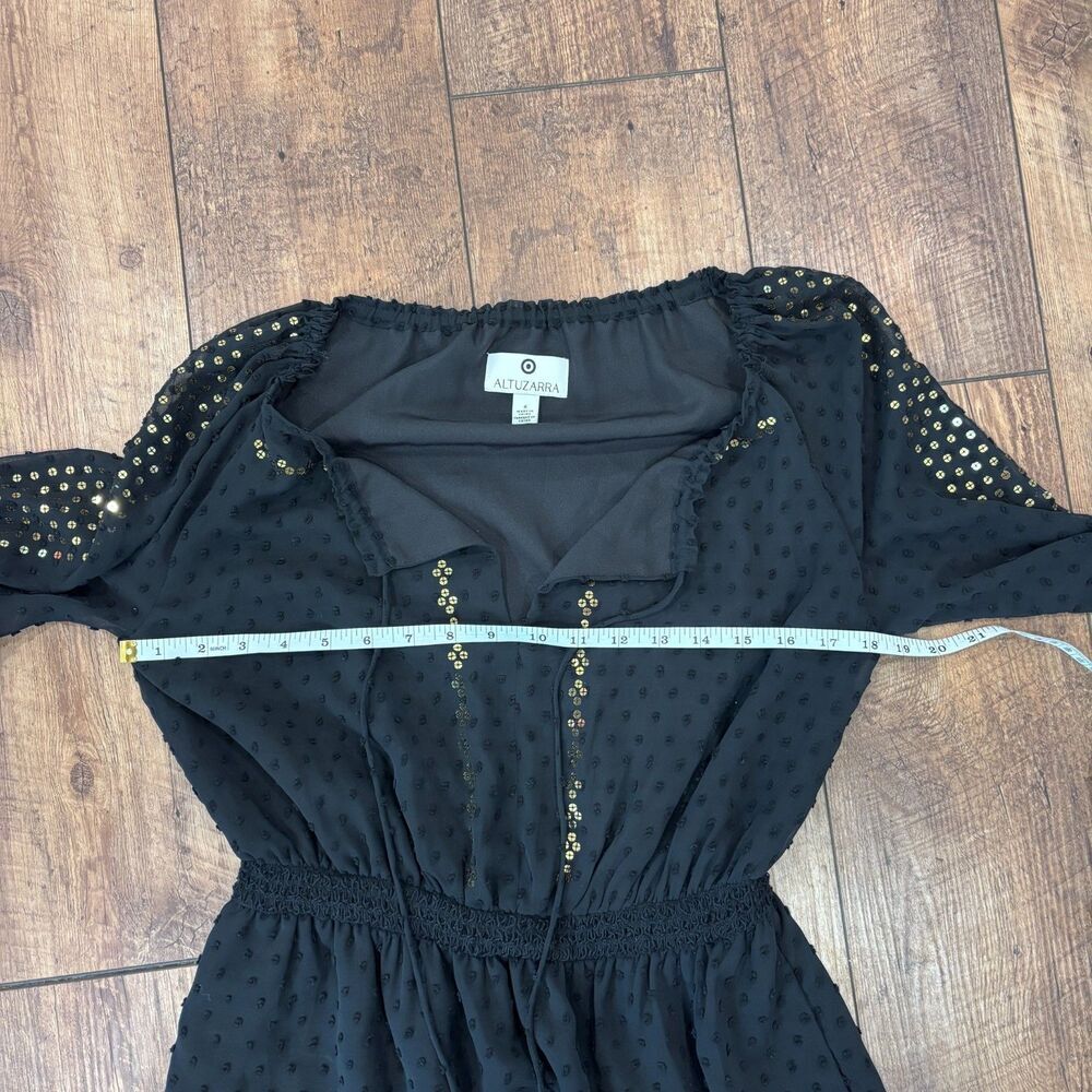 Altuzarra Long Sleeve Boho Beaded Black Sequined Swiss-Dot Chiffon Dress Size 6 - Picture 6 of 8